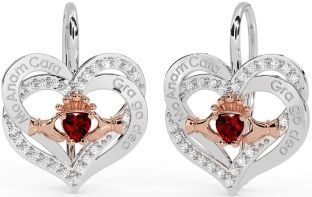 Diamond Garnet Rose Gold Silver Irish "My Soul Mate" Irish "Love Forever" Claddagh Heart Dangle Earrings