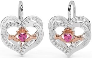 Diamond Pink Tourmaline Rose Gold Silver Irish "My Soul Mate" Irish "Love Forever" Claddagh Heart Dangle Earrings