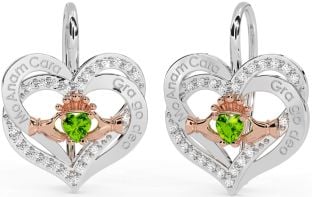 Diamond Peridot Rose Gold Silver Irish "My Soul Mate" Irish "Love Forever" Claddagh Heart Dangle Earrings