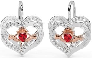 Diamond Ruby Rose Gold Silver Irish "My Soul Mate" Irish "Love Forever" Claddagh Heart Dangle Earrings