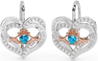 Diamant Topas Rose Gold Silber irisch Mein Seelenverwandter irisch Liebe für immer Claddagh Herz Baumeln Ohrringe