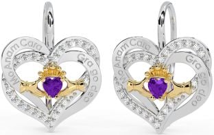 Diamante Amatista Oro Plata irlandesa Mi alma gemela irlandesa Amar por siempre Claddagh Corazón Colgar Pendientes