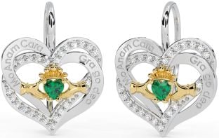 Diamond Emerald Gold Silver Irish "My Soul Mate" Irish "Love Forever" Claddagh Heart Dangle Earrings