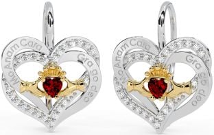 Diamant Granat Gold Silber irisch Mein Seelenverwandter irisch Liebe für immer Claddagh Herz Baumeln Ohrringe