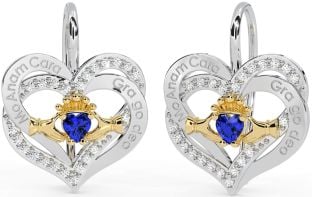 Diamond Sapphire Gold Silver Irish "My Soul Mate" Irish "Love Forever" Claddagh Heart Dangle Earrings