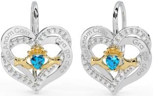 Diamond Topaz Gold Silver Irish "My Soul Mate" Irish "Love Forever" Claddagh Heart Dangle Earrings