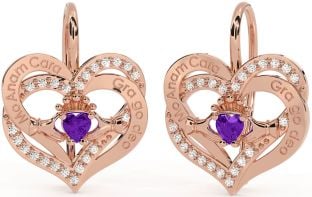 Diamond Amethyst Rose Gold Silver Irish "My Soul Mate" Irish "Love Forever" Claddagh Heart Dangle Earrings