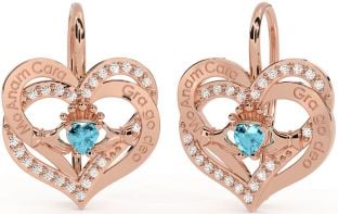 Diamond Aquamarine Rose Gold Silver Irish "My Soul Mate" Irish "Love Forever" Claddagh Heart Dangle Earrings