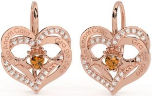 Trandafir Citrin Diamant Aur argint irlandez Sufletul meu pereche irlandez Cercei Love Forever Claddagh Heart Dangle