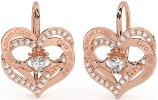 Diamond Rose Gold Silver Irish "My Soul Mate" Irish "Love Forever" Claddagh Heart Dangle Earrings