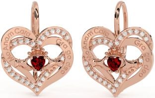 Diamond Garnet Rose Gold Silver Irish "My Soul Mate" Irish "Love Forever" Claddagh Heart Dangle Earrings