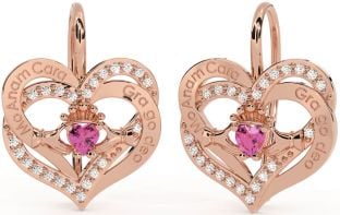 Diamond Pink Tourmaline Rose Gold Silver Irish "My Soul Mate" Irish "Love Forever" Claddagh Heart Dangle Earrings