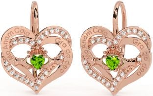 Diamond Peridot Rose Gold Silver Irish "My Soul Mate" Irish "Love Forever" Claddagh Heart Dangle Earrings