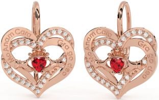 Diamond Ruby Rose Gold Silver Irish "My Soul Mate" Irish "Love Forever" Claddagh Heart Dangle Earrings