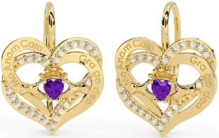 Diamond Amethyst Gold Silver Irish "My Soul Mate" Irish "Love Forever" Claddagh Heart Dangle Earrings