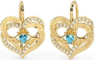 Diamond Aquamarine Gold Silver Irish "My Soul Mate" Irish "Love Forever" Claddagh Heart Dangle Earrings