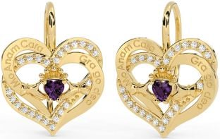 Diamond Alexandrite Gold Silver Irish "My Soul Mate" Irish "Love Forever" Claddagh Heart Dangle Earrings