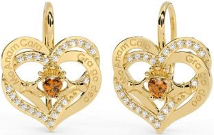 Diamond Citrine Gold Silver Irish "My Soul Mate" Irish "Love Forever" Claddagh Heart Dangle Earrings