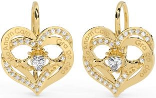 Diamond Gold Silver Irish "My Soul Mate" Irish "Love Forever" Claddagh Heart Dangle Earrings