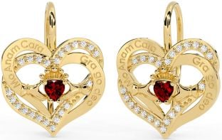 Diamond Garnet Gold Silver Irish "My Soul Mate" Irish "Love Forever" Claddagh Heart Dangle Earrings