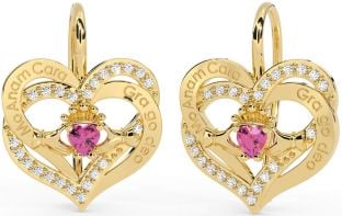 Diamond Pink Tourmaline Gold Silver Irish "My Soul Mate" Irish "Love Forever" Claddagh Heart Dangle Earrings