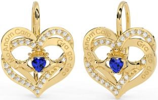 Diamond Sapphire Gold Silver Irish "My Soul Mate" Irish "Love Forever" Claddagh Heart Dangle Earrings