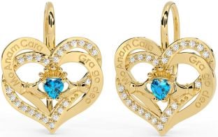 Diamond Topaz Gold Silver Irish "My Soul Mate" Irish "Love Forever" Claddagh Heart Dangle Earrings