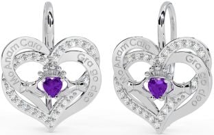 Diamond Amethyst Silver Irish "My Soul Mate" Irish "Love Forever" Claddagh Heart Dangle Earrings