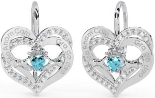 Diamond Aquamarine Silver Irish "My Soul Mate" Irish "Love Forever" Claddagh Heart Dangle Earrings