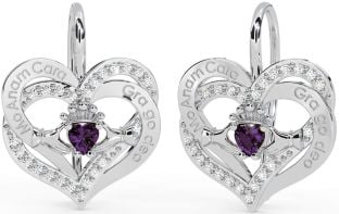 Diamond Alexandrite Silver Irish "My Soul Mate" Irish "Love Forever" Claddagh Heart Dangle Earrings