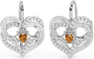 Diamante Citrino Plata irlandesa Mi alma gemela irlandesa Amar por siempre Claddagh Corazón Colgar Pendientes