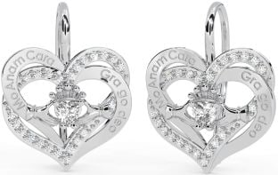 Diamond Silver Irish "My Soul Mate" Irish "Love Forever" Claddagh Heart Dangle Earrings