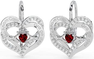 Diamond Garnet Silver Irish "My Soul Mate" Irish "Love Forever" Claddagh Heart Dangle Earrings