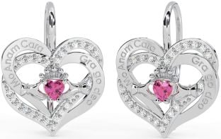 Diamond Pink Tourmaline Silver Irish "My Soul Mate" Irish "Love Forever" Claddagh Heart Dangle Earrings