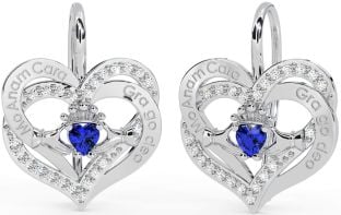 Diamond Sapphire Silver Irish "My Soul Mate" Irish "Love Forever" Claddagh Heart Dangle Earrings