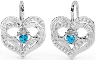 Diamond Topaz Silver Irish "My Soul Mate" Irish "Love Forever" Claddagh Heart Dangle Earrings