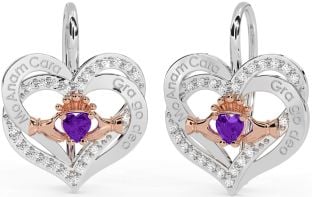 Diamond Amethyst Rose Gold Silver Irish "My Soul Mate" Irish "Love Forever" Claddagh Heart Dangle Earrings