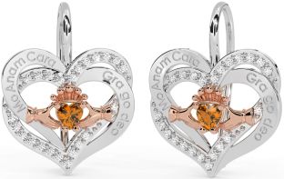 Diamant Citrine Rose Or Argent irlandais Mon âme sœur irlandais Amour pour toujours Claddagh Cœur Pendre Des boucles d'oreilles