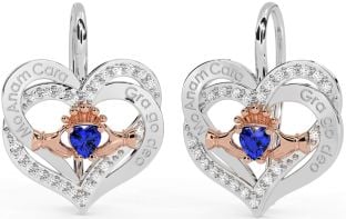 Diamond Sapphire Rose Gold Silver Irish "My Soul Mate" Irish "Love Forever" Claddagh Heart Dangle Earrings