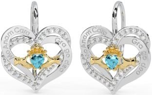 Diamant Aquamarin Gold Silber irisch Mein Seelenverwandter irisch Liebe für immer Claddagh Herz Baumeln Ohrringe