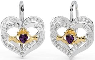 Diamond Alexandrite Gold Silver Irish "My Soul Mate" Irish "Love Forever" Claddagh Heart Dangle Earrings