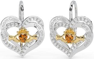 Diamond Citrine Gold Silver Irish "My Soul Mate" Irish "Love Forever" Claddagh Heart Dangle Earrings