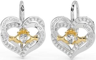 Diamond Gold Silver Irish "My Soul Mate" Irish "Love Forever" Claddagh Heart Dangle Earrings