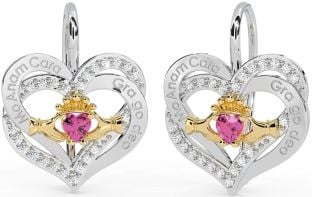 Diamond Pink Tourmaline Gold Silver Irish "My Soul Mate" Irish "Love Forever" Claddagh Heart Dangle Earrings