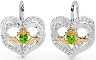 Diamond Peridot Gold Silver Irish "My Soul Mate" Irish "Love Forever" Claddagh Heart Dangle Earrings