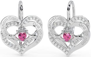 Diamond Pink Tourmaline White Gold Irish "My Soul Mate" Irish "Love Forever" Claddagh Heart Dangle Earrings