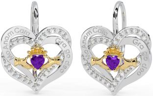 Diamond Amethyst White Yellow Gold Irish "My Soul Mate" Irish "Love Forever" Claddagh Heart Dangle Earrings