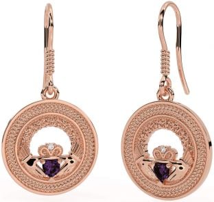 Alexandrite Rose Gold Silver Celtic Claddagh Trinity Knot Dangle Earrings