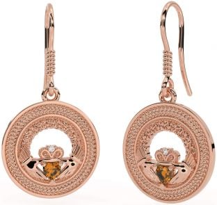 Citrine Rose Gold Silver Celtic Claddagh Trinity Knot Dangle Earrings