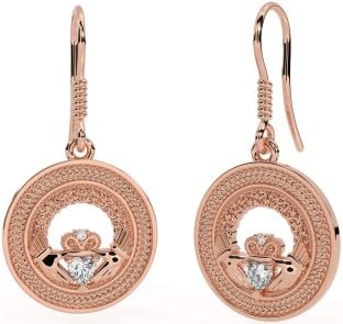 Diamond Rose Gold Silver Celtic Claddagh Trinity Knot Dangle Earrings